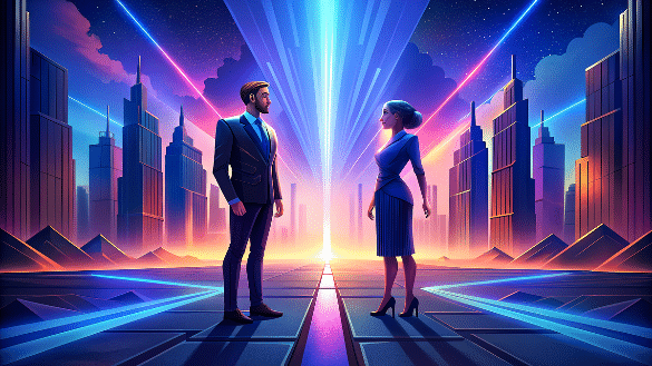 A man and a woman in business attire stand facing each other on a path leading to a vibrant horizon, symbolizing strategic planning in mergers and acquisitions (M&A)