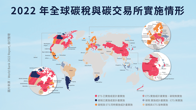 碳權交易所:2022 年全球碳稅與碳交易所實施情形