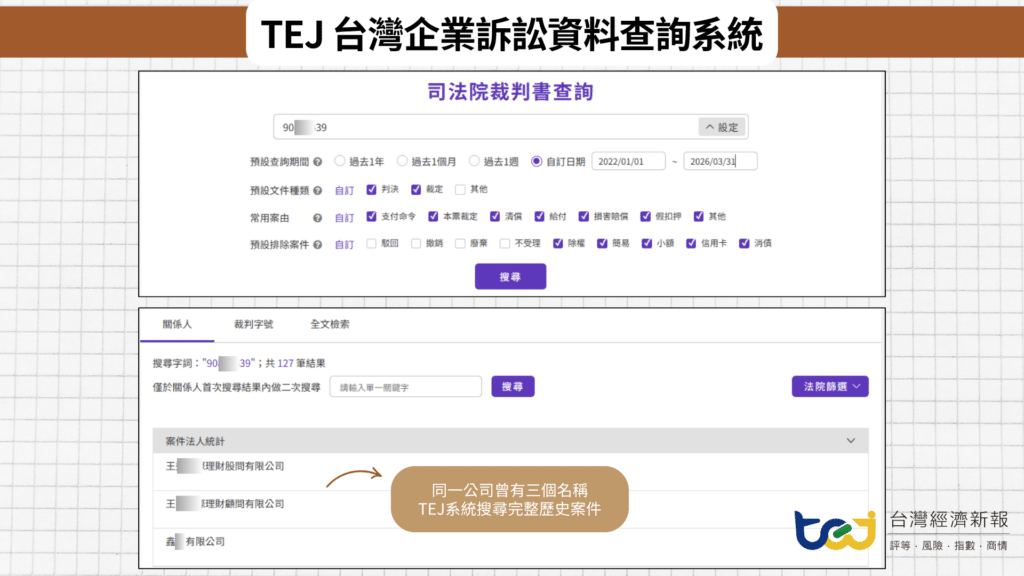 圖：TEJ台灣企業訴訟資料查詢系統