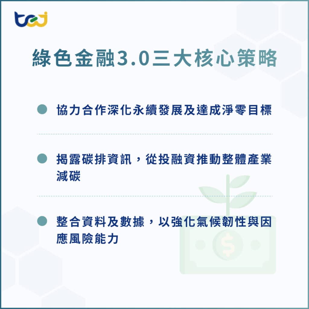 綠色金融3.0三大核心策略
1.協力合作深化永續發展及達成淨零目標
2.揭露碳排資訊，從投融資推動整體產業減碳
3.整合資料及數據以強化氣候韌性與因應風險能力