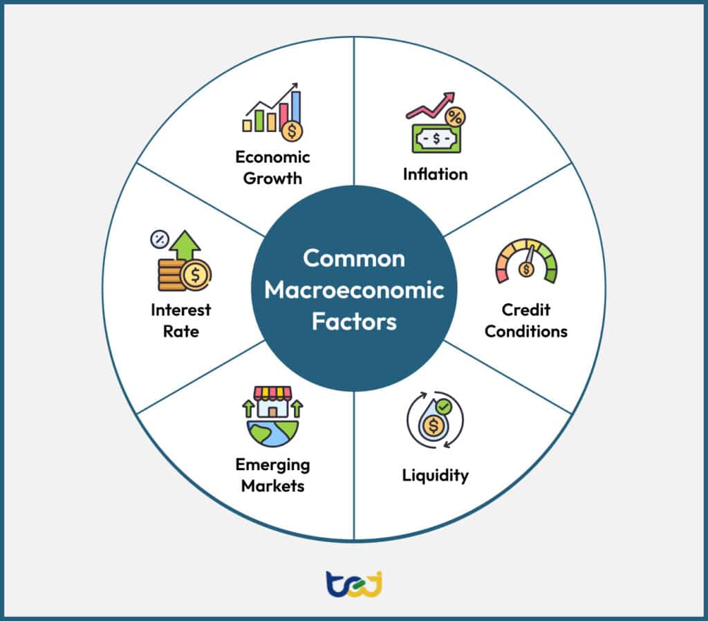 An infographic listing the macroeconomic factors: Economic Growth, Inflation
Interest Rate, Credit Conditions, Emerging Markets, Liquidity.