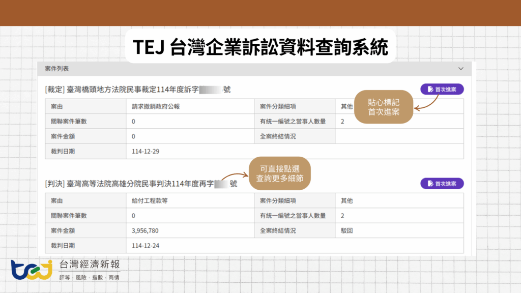 圖：TEJ系統將訴訟資料結構化，清楚了解案件重要資訊